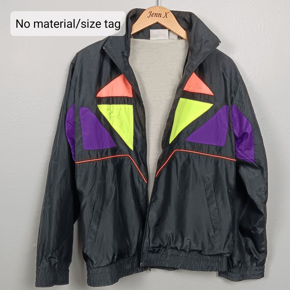 Vintage 80's Vengo Track Jacket Colorblock Black Neon Geometric Windbreaker Coat